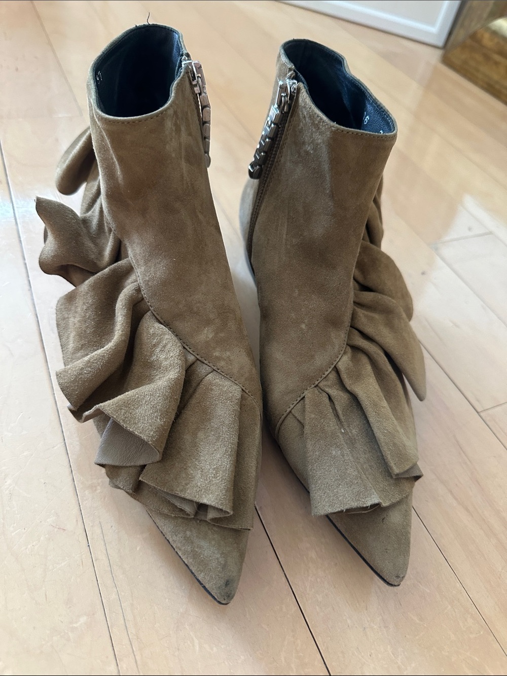 JW ANDERSON Tan Suede Ruffle Pointed-Toe Ankle Boots